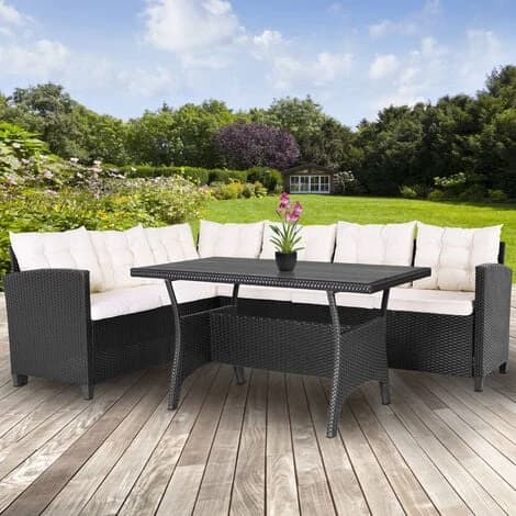 CASARIA® Lisbon Polyrattan Garden Corner Dining Furniture Set WPC Table Black